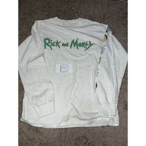 Rick & Morty Official T-Shirt Long Sleeve Cartoon White Graphic Size Small Used